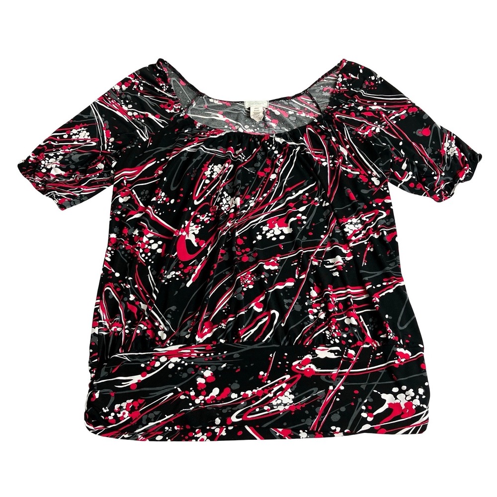 Maurices Abstract Splatter Top Womens Plus 1 Black Short Sleeve Blouson Hem